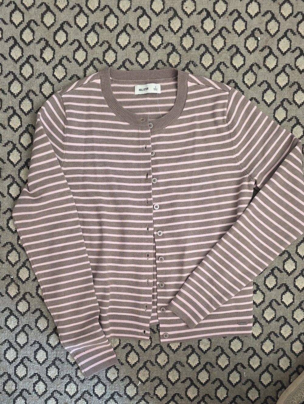 Hollister Mauve Pink & Taupe Striped Button-Front Cardigan